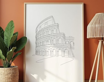 Colosseum Wall Art, Rome Poster, Italy Line Drawing, Minimal Architecture Print, Black White Decor