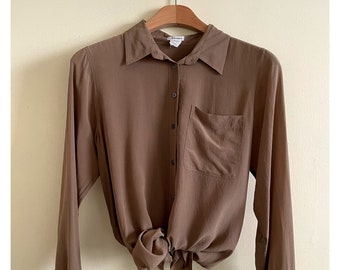 Silk Club Monaco Walnut Blouse, Taupe Silk, Silk button-down, brown silk top | Brown Silk