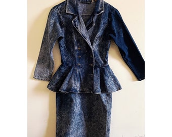 Vintage Denim 80s Acid Wash Peplum Denim Dress | Acid Wash Peplum Dress | Vintage Denim Dress | Event Vintage Dress | Peplum Dress | Peplum