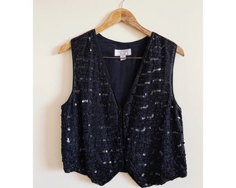 Vintage 90s Black Sequined Embellished Tailored Beaded Vest