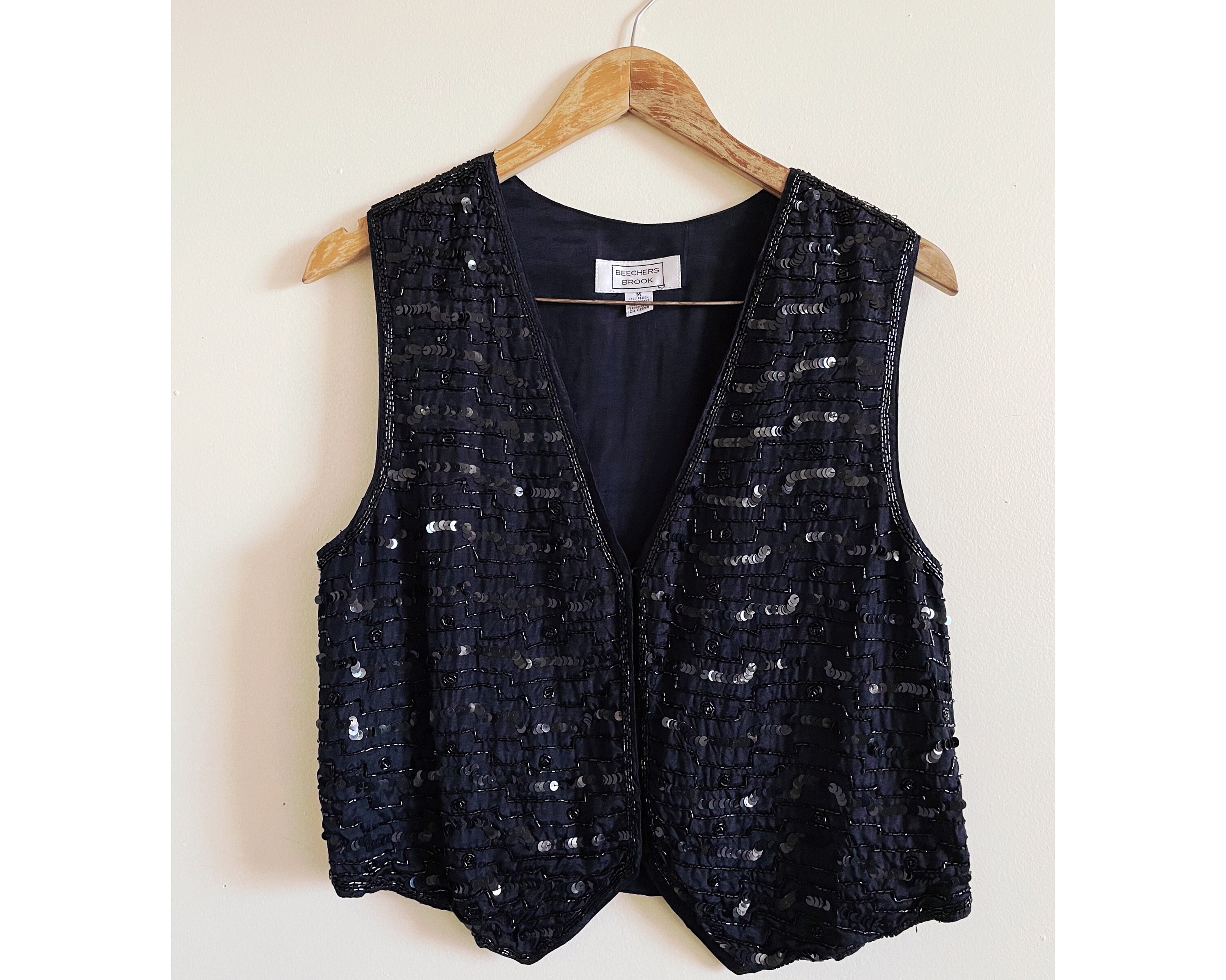 Vintage 90s Black Sequined Embellished Tailored Beaded Vest