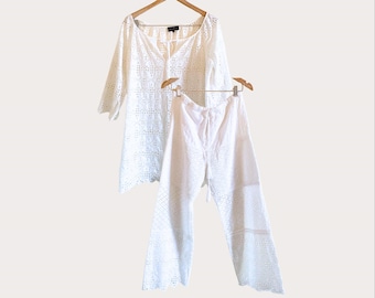 White Embroidery Anglaise Eyelet Top Drawstring Pants Two Piece Cotton Set , White Eyelet Two Piece Set | 100% Cotton Summer Two Piece