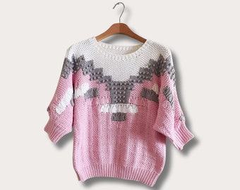 Vintage 80s handknit bobble abstract print cotton sweater, handknit sweater, 80s sweater, vintage sweater, bobble sweater, 80s