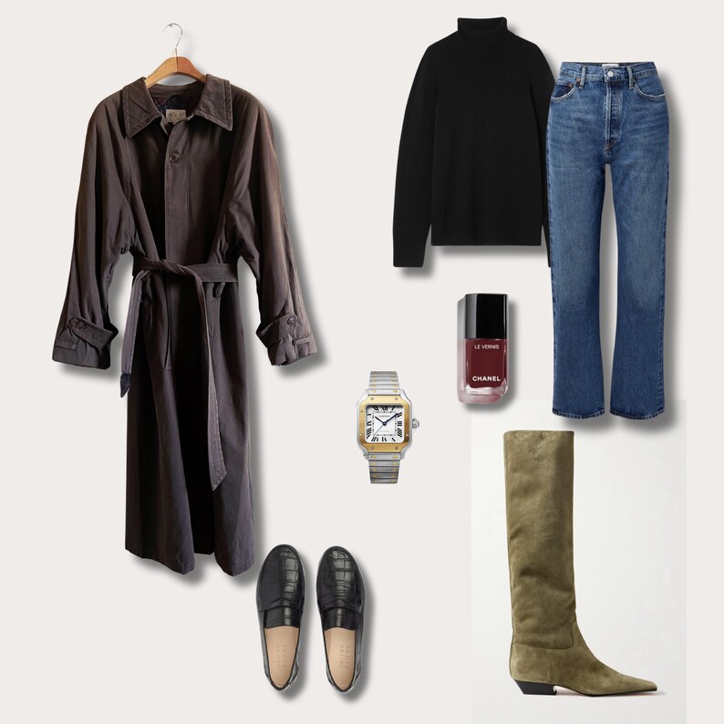 Puede incluir: Una gabardina marr&oacute;n con cintur&oacute;n, un par de mocasines negros, una bota alta de gamuza verde, un jersey negro de cuello alto, unos vaqueros azules, un reloj dorado y una botella de esmalte de u&ntilde;as Chanel.