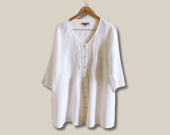 FLAX white linen button down longline shirt with pockets | linen white blouse | white linen button down loose