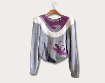Vintage 80s Abstract Sweater Rayon/Angora, 80s Sweater, Angora Sweater, Vintage Sweater, Grey Sweater