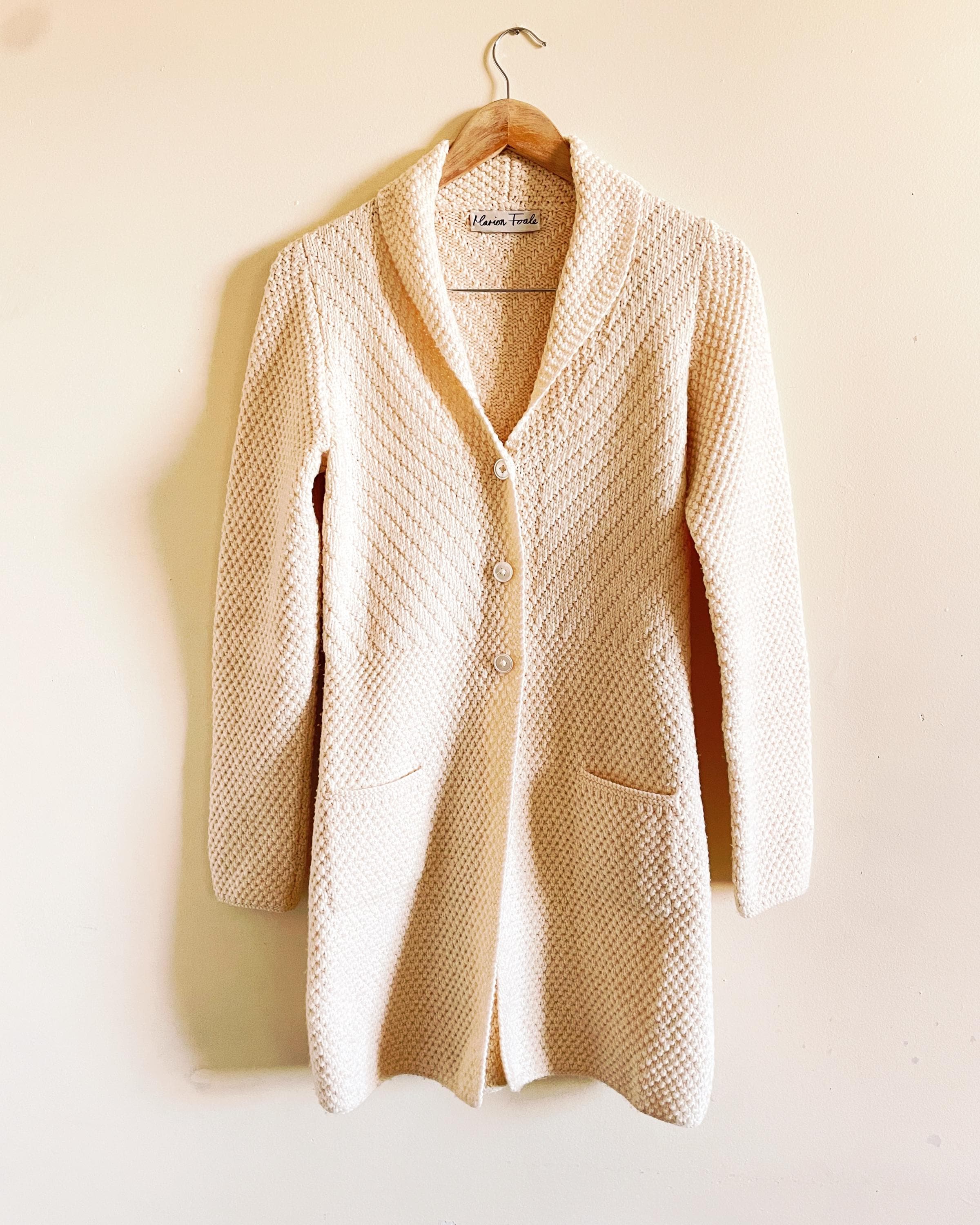 Marion Foare Cream Ivory Weave Wool Long Cardigan Vintage Cream