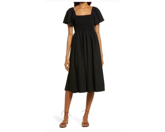 Madewell Lucie Smock Black Linen Blend Midi Dress | Linen Black Dress - Etsy
