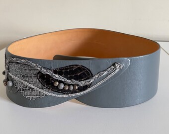 Vintage Light Silver Grey Genuine Leather Belt 36-40