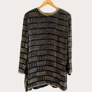 Vintage Frank Usher 70s 80s Beaded Black Gold Silk Dress Tunic | Silk Beaded Vintage Dress | Silk Beaded Vintage Tunic | Frank Usher Beaded
