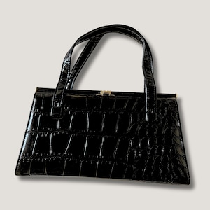 Vintage Faux Croc Black Handbag with Gold Details | Mid Century Handbag Vintage | Black Croc Purse