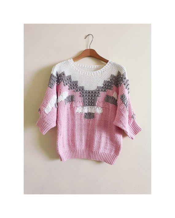 Vintage 80s handknit bobble pink sweater, handknit