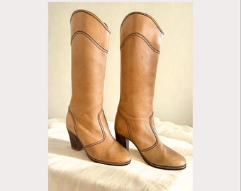 Vintage Tan Leather Frye Style Boots Women’s 7 | Made in Canada | Knee High Western Leather Boots | 90s Boho Patina Boots Sz 6