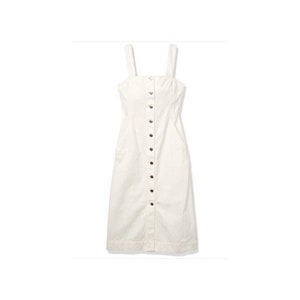 annie denim fit and flare midi dress in white Touch of Gold Ruffle Bust Stretch Denim 59 / 175cm Color:NUDE
