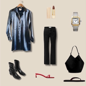 May include: A fashion flat lay featuring a blue satin shirt, black jeans, black ankle boots, red heeled sandals, a black tote bag, a gold watch, and red lipstick.