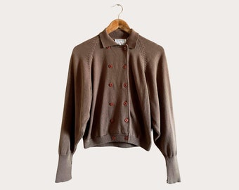 Vintage 80s Cotton Walnut Brown Balloon Sleeve Cropped Cardigan Sweater | Vintage Cardigan Cropped Brown  | Balloon Sleeve Sweater