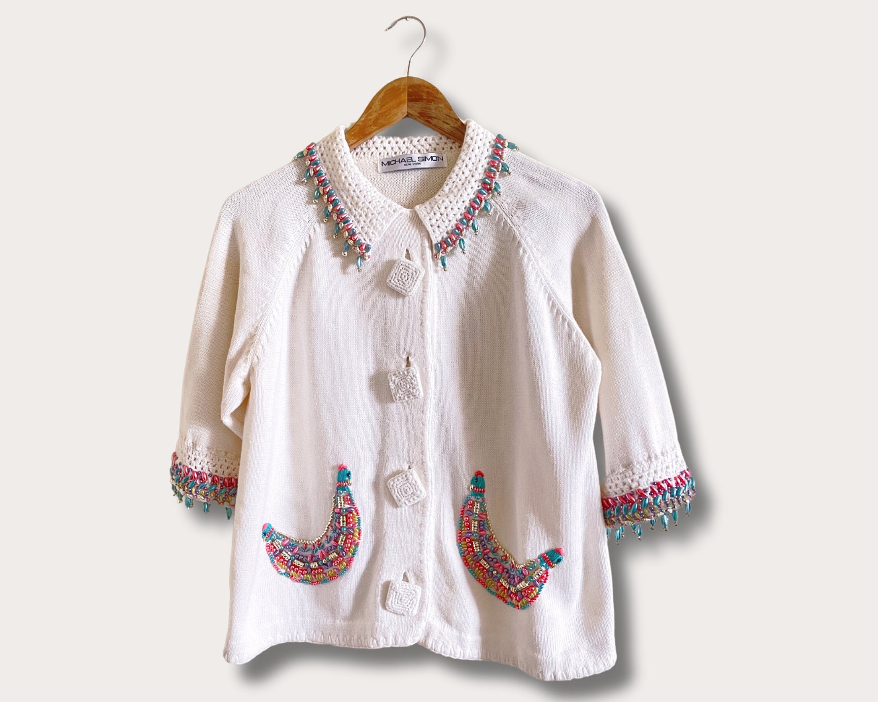 Vintage White Knit Crochet Collar Beaded early 90s Cropped Cardigan | 80s | Beaded Cardigan | Crochet Cardigan