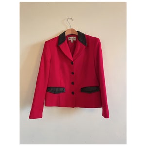 Vintage Red Wool Blazer Leather accents - XS/S, 80s Vintage Blazer, Wool Blazer, 100% Wool Blazer, Leather Blazer, Chanel- esque, 90s, 80s