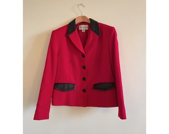 Blazer vintage de lana roja con detalles de cuero - XS/S, Blazer vintage de los 80, Blazer de lana, Blazer 100 % lana, Blazer de cuero, estilo Chanel, años 90, años 80