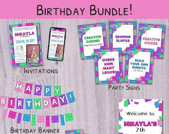 Building Bricks Bundle, Girl Birthday Bundle, Personalized Bday Printable Building Blocks Digital Download