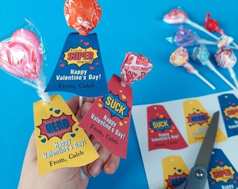 Super Hero Valentine Tags - Sucker Holder - Valentine Card - Lollipop Valentine Holder - Classroom Valentines For Boys - WPW011