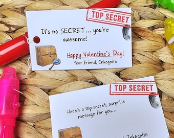 Invisible Ink Valentine For School - Ink Pen Party Favor Tag: Spy Theme, Classroom Handout - Secret Message