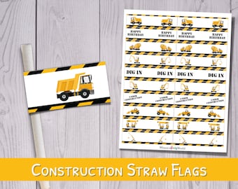 Construction Birthday Straw Flags: Vehicle Party Decor (PDF)