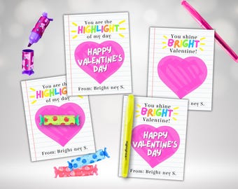 Valentine Highlighter Cards Printable - Personalized Classroom Valentines for Kids -Fruit Candy Highlighter Tags - Mini Vday Favors