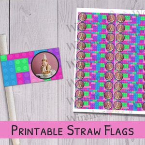 Building Block Printable Straw Flag - Birthday Drink Tags - Party Straw Flags - Building Block Birthday Decor - Girl Building Bricks Bday