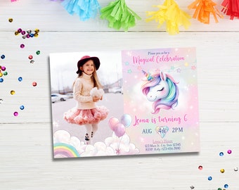 Pastel Unicorn Birthday Invitation Template: Rainbow Design (PDF)