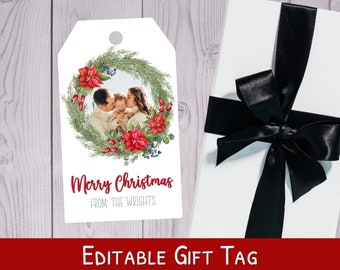 Christmas Wreath Tag With Photo - Gift Tag With Picture - Treat Bag Tag - Holiday Tags Printable - Editable Christmas Tags WPW010