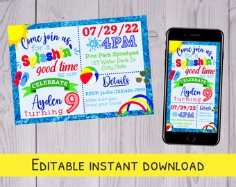 Splash Pad Birthday Invitation: Editable Summer Party (Digital Download)
