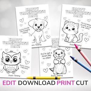 Puede incluir: Cuatro páginas para colorear imprimibles con animales adorables con mensajes de San Valentín. Los animales incluyen un búho, un perro, un gato y una nutria. Cada página tiene el texto "¡Feliz Día de San Valentín!" y "De: Timmy".