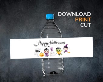 May include: Printable Halloween water bottle label featuring a white background with the text "Happy Halloween" and illustrations of various Halloween characters, including a mummy, a vampire, a ghost, a Frankenstein, and a witch.