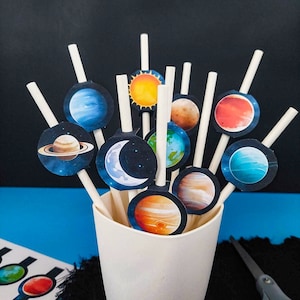 Planet Strohfahnen Vorlage Weltraum Geburtstag, Erste Reise um die Sonne Tischkarte, Galaxy Geburtstag Tischdekoration Whg