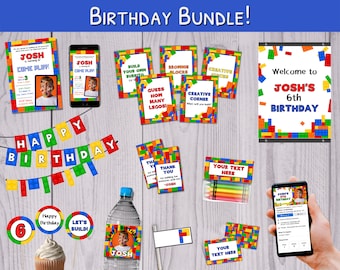 Building Brick Birthday Party Decorations - Printable Birthday Bundle - Customized Building Block Birthday Decor - Editable Bday With Photo