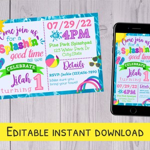 Splash Pad Birthday Party Invitation - Editable Splash Pad Invite - Digital Invitation Evite - Girls Birthday Invitation Instant Download