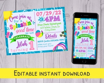 Splash Pad Birthday Party Invitation - Editable Splash Pad Invite - Digital Invitation Evite - Girls Birthday Invitation Instant Download