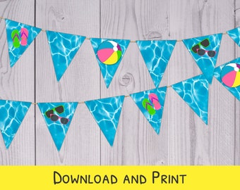 Pool Party Banner - Splash Pad Birthday Banner - Printable Banner For Girl - Triangle Bunting - Splash Pad Party Decor - Beach Party Decor