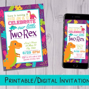 Two Rex Girl Birthday - Dinosaur Evite - Girl Dinosaur Invite - Dinosaur Invitation Digital - 2nd Birthday Invitation Girl - WPW004