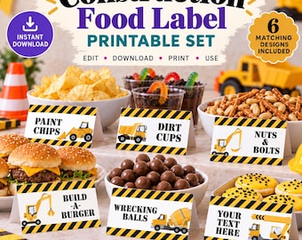 Construction Party Food Labels - Editable Kids Birthday Snack Table Signs - Construction Theme Printable