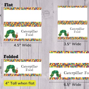 May include: Printable food labels featuring a green caterpillar with red eyes and the text "Caterpillar Food". The labels are 11.4 cm wide and 5.1 cm tall when folded.
