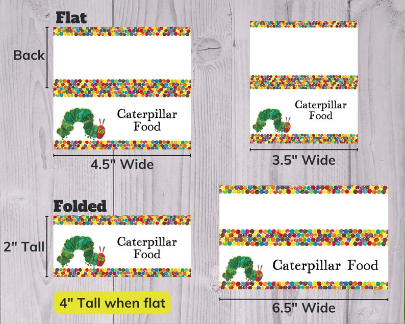 May include: Printable food labels featuring a green caterpillar with red eyes and the text "Caterpillar Food". The labels are 11.4 cm wide and 5.1 cm tall when folded.