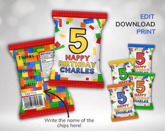 Building Block Chip Bag Wrappers: Editable Birthday Labels (Digital Download)