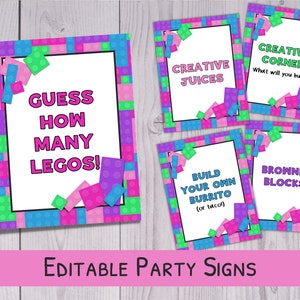 Building Bricks Party Signs - Printable Birthday For Girl - Customizable Party Signs - Building Blocks Theme Party Decorations - Corjl