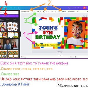 When editing, you can click on a text box to change the wording, font, color, effects, etc. Then you can download and print or send digitally on your chosen platform. Graphics are not editable.