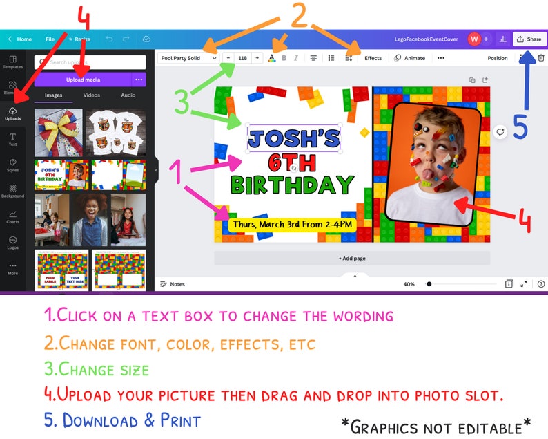 When editing, you can click on a text box to change the wording, font, color, effects, etc. Then you can download and print or send digitally on your chosen platform. Graphics are not editable.