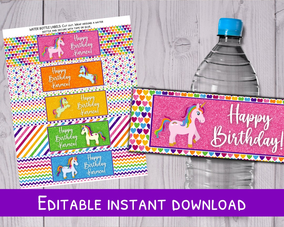 Rainbow Unicorn Water Bottle Labels Editable Water Bottle Labels