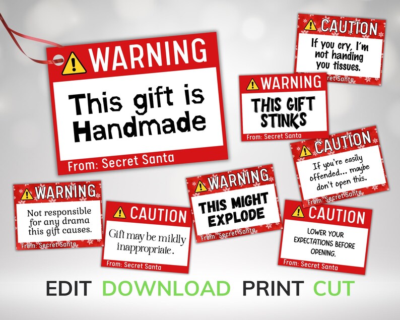 Funny Warning Gift Tags: Editable Humorus Christmas Caution Tags ...
