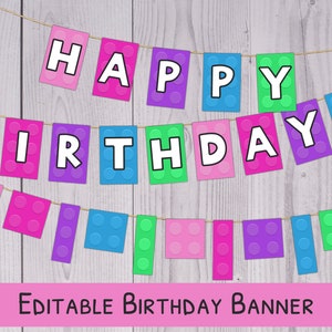 Building Bricks Banner - Printable Birthday Banner For Girl - Customizable Happy Birthday Banner - Building Blocks Theme Party Decorations